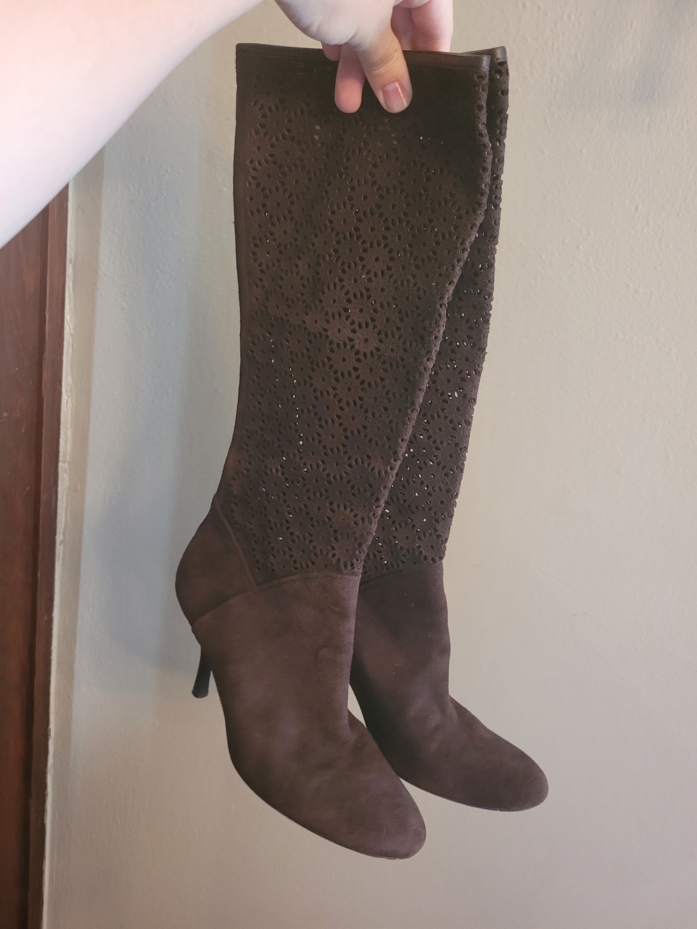 Oscar De La Renta Women's Tall Laser Cut Suede Tall Boots - Brown Floral Details